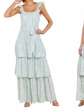 Stolen Hearts Fluttering Hearts Mint Green Sleeveless Ruffle Tiered Maxi Dress S